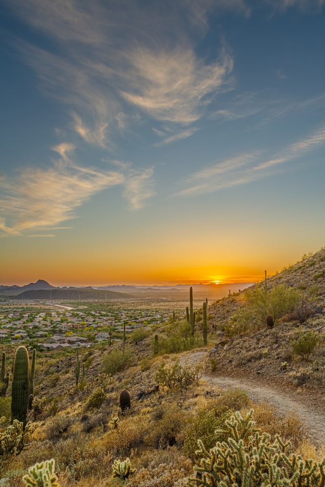 View of a sunset over a winding trail through the Arizona desert.